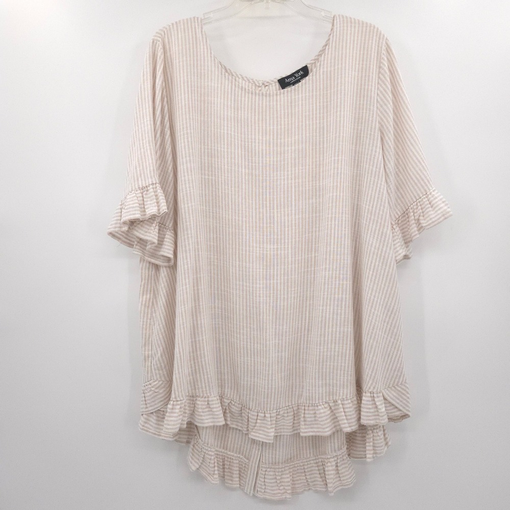 Arna York Collection‎ Blouse Womens 18 Beige Striped Ruffle Linen Blend Top